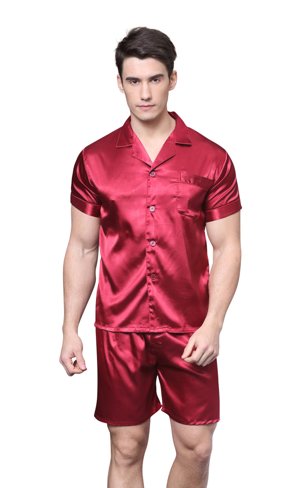 Men's Silk Satin Pajama Set Short Sleeve-Burgundy