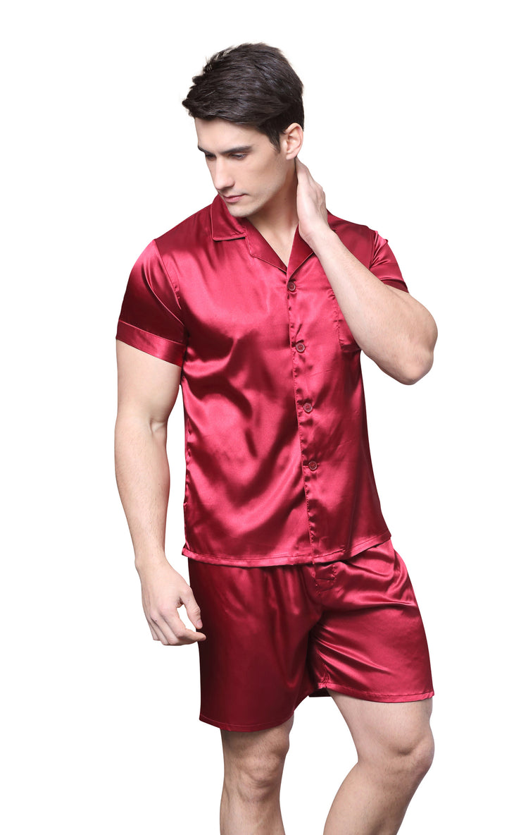 Men's Silk Satin Pajama Set Short Sleeve-Burgundy