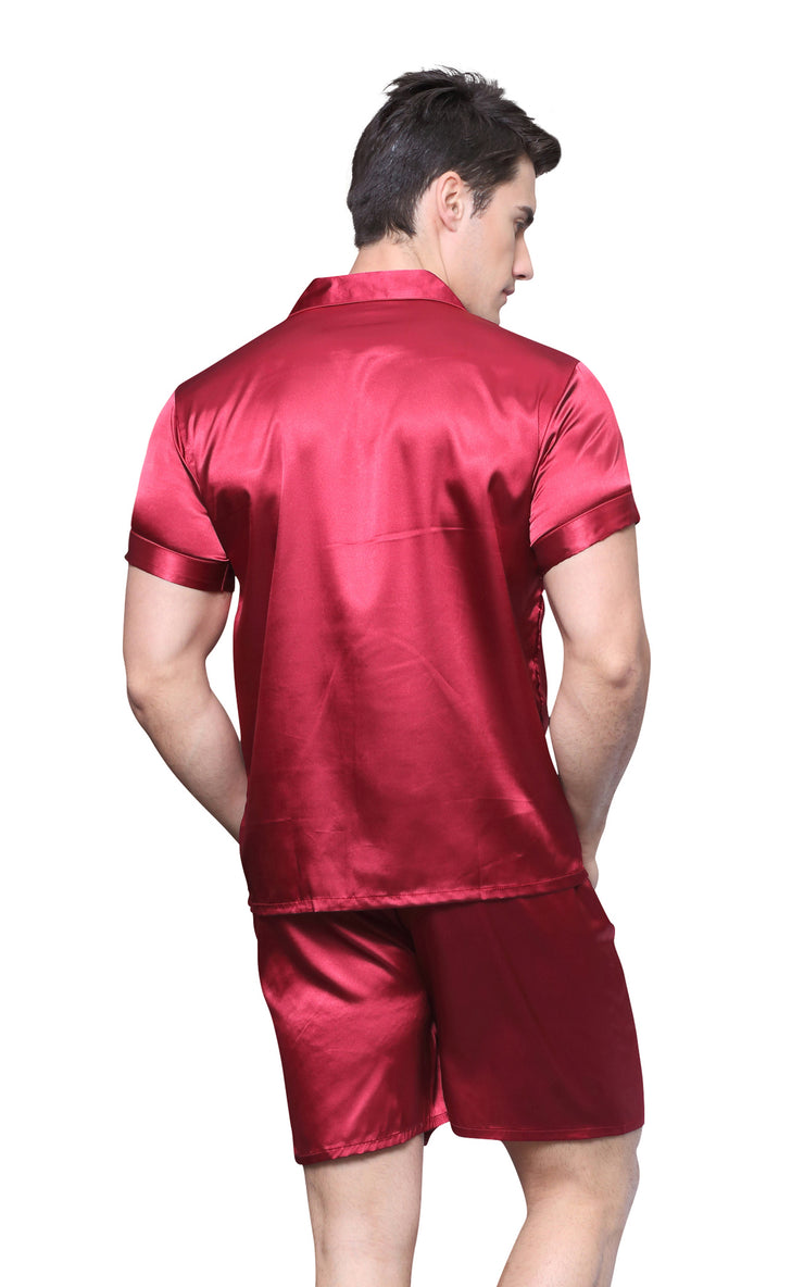 Men's Silk Satin Pajama Set Short Sleeve-Burgundy