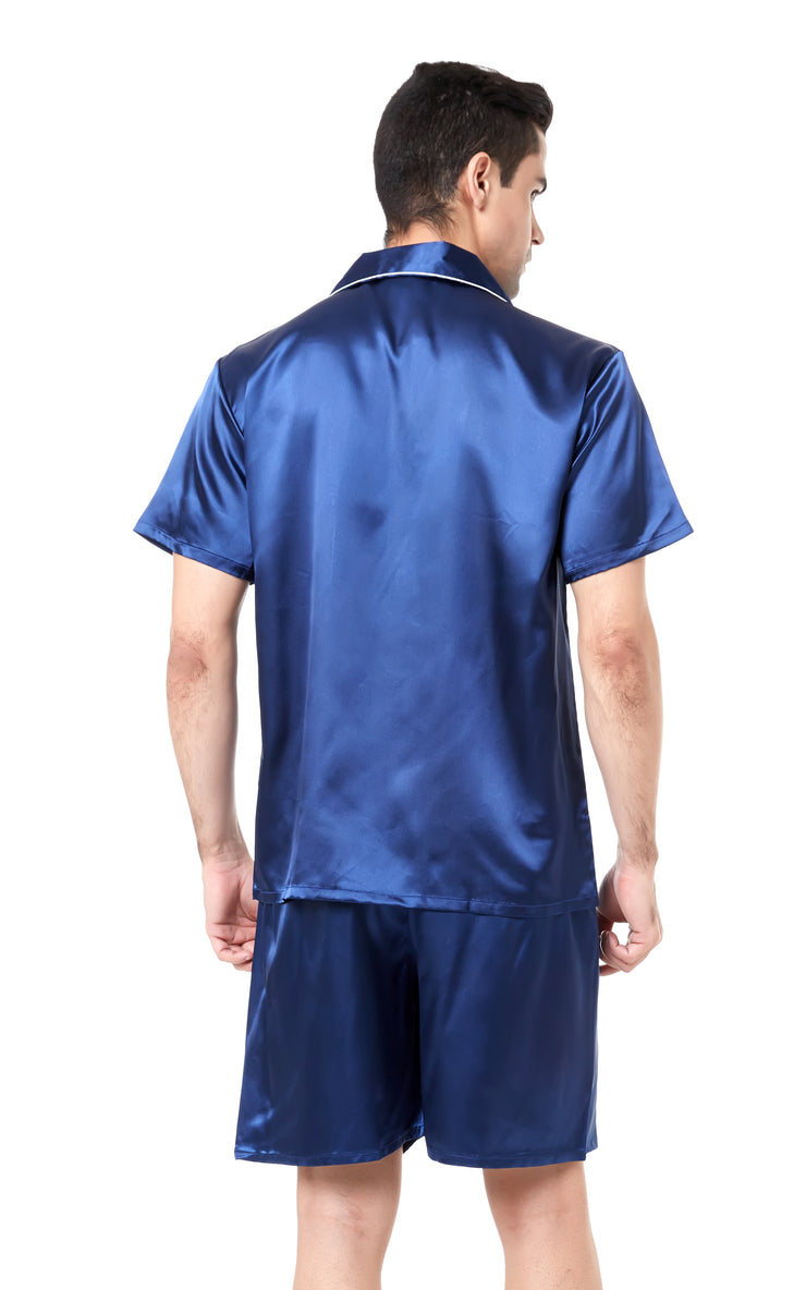 Men's Silk Satin Pajama Set Short Sleeve-Navy Blue with White Piping