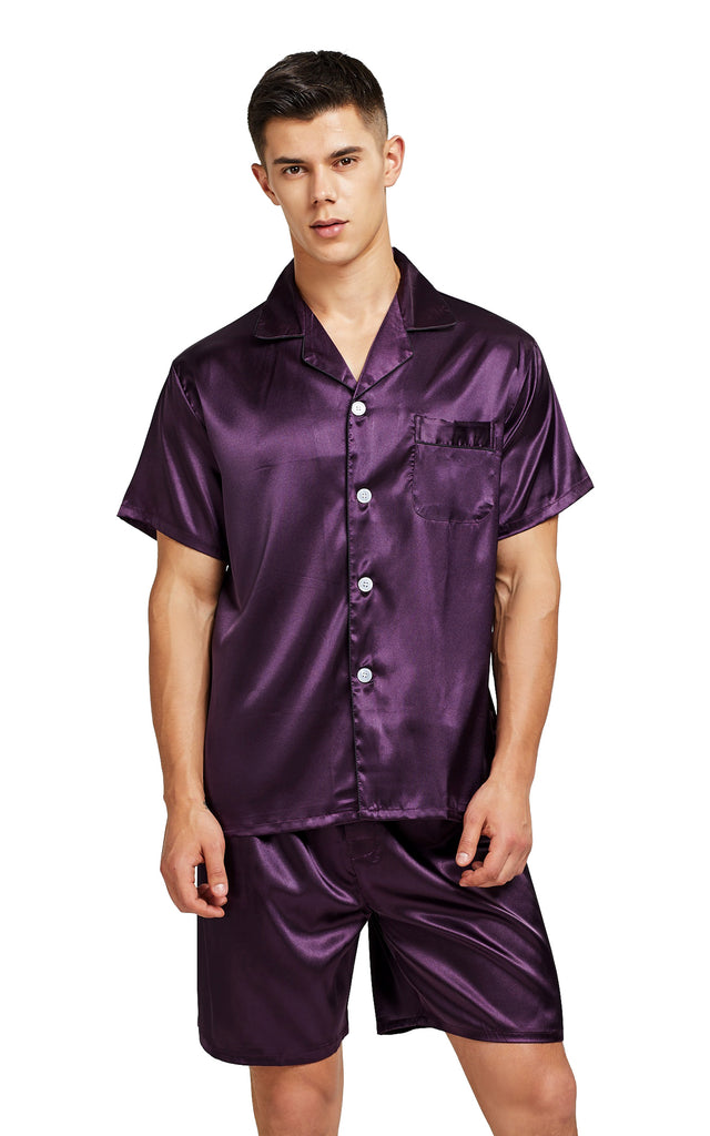 Men s Silk Satin Pajama Set Short Sleeve Dark Purple with Black Piping Tony Candice