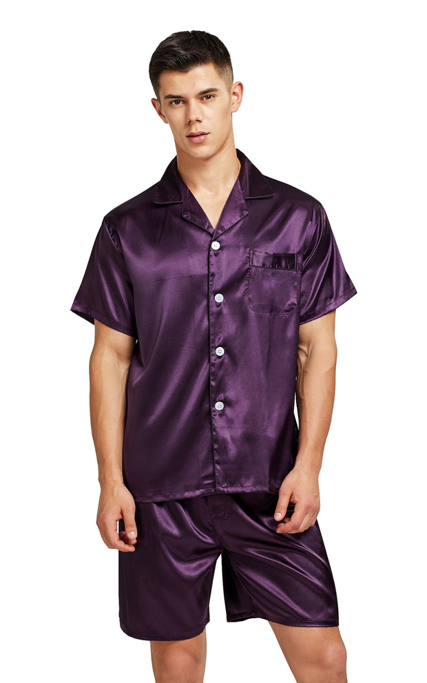 Men's Silk Satin Pajama Set Short Sleeve-Dark Purple with Black Piping