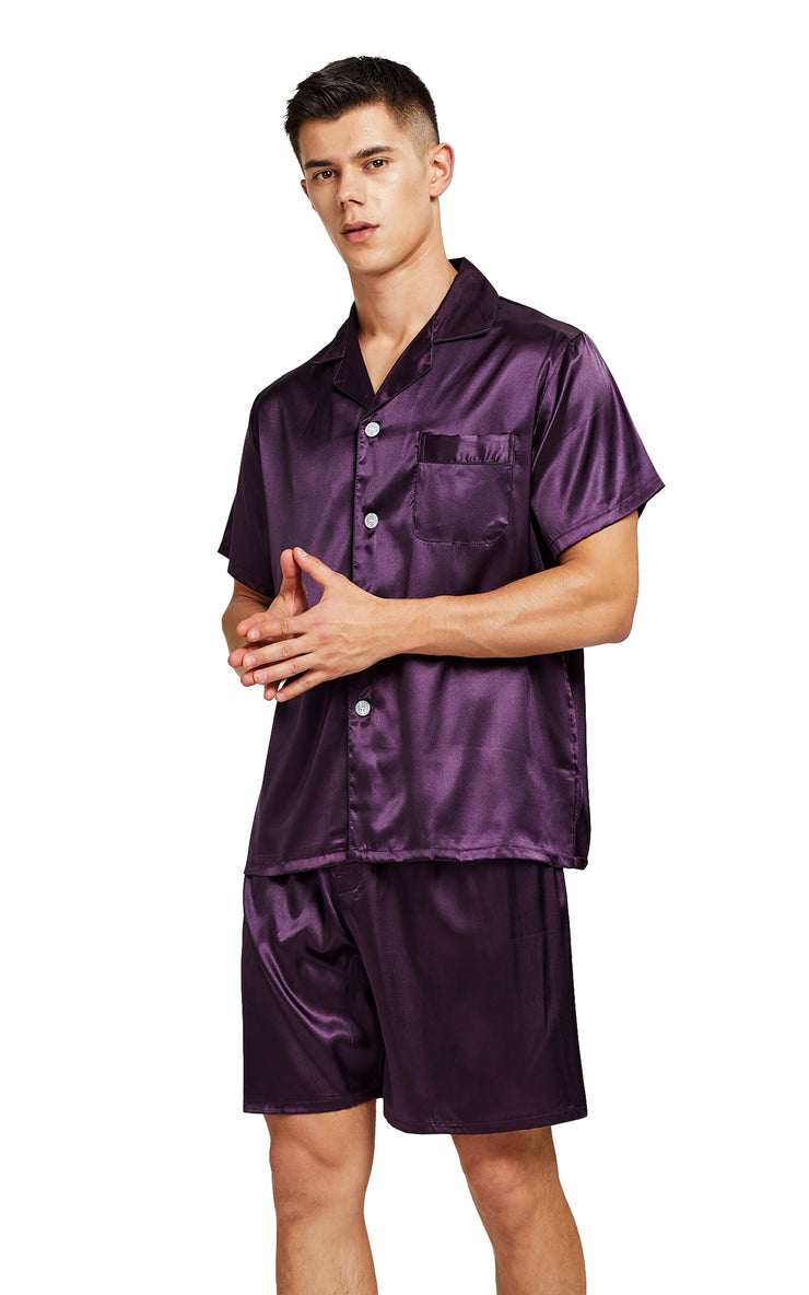 Men's Silk Satin Pajama Set Short Sleeve-Dark Purple with Black Piping