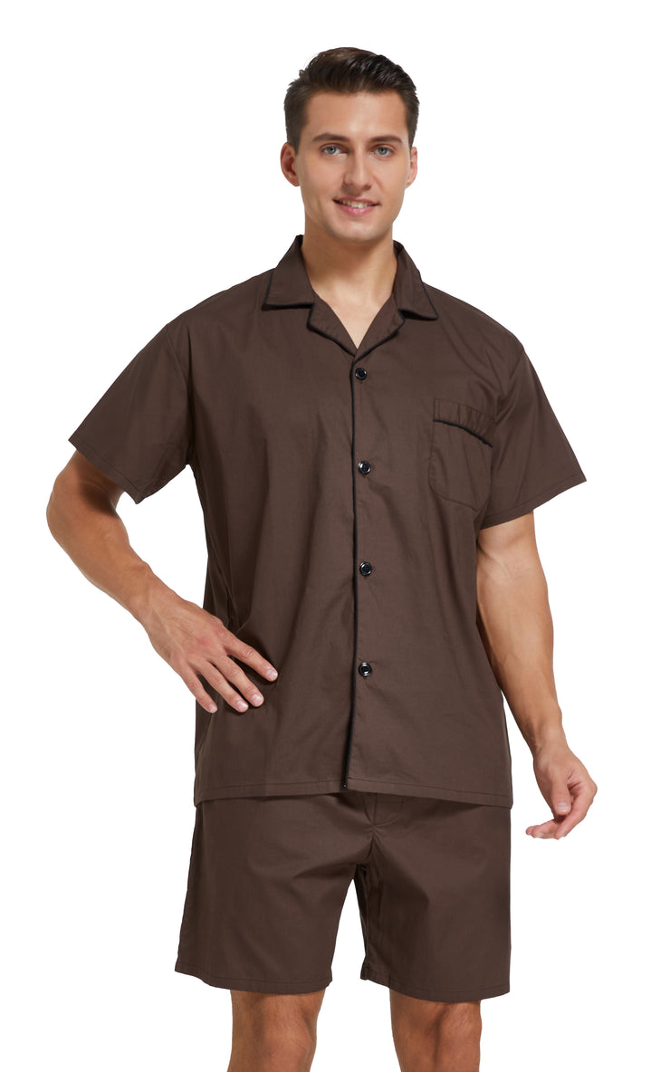 Men's Cotton Short Sleeve Woven Pajama Set-Brown With Black Piping