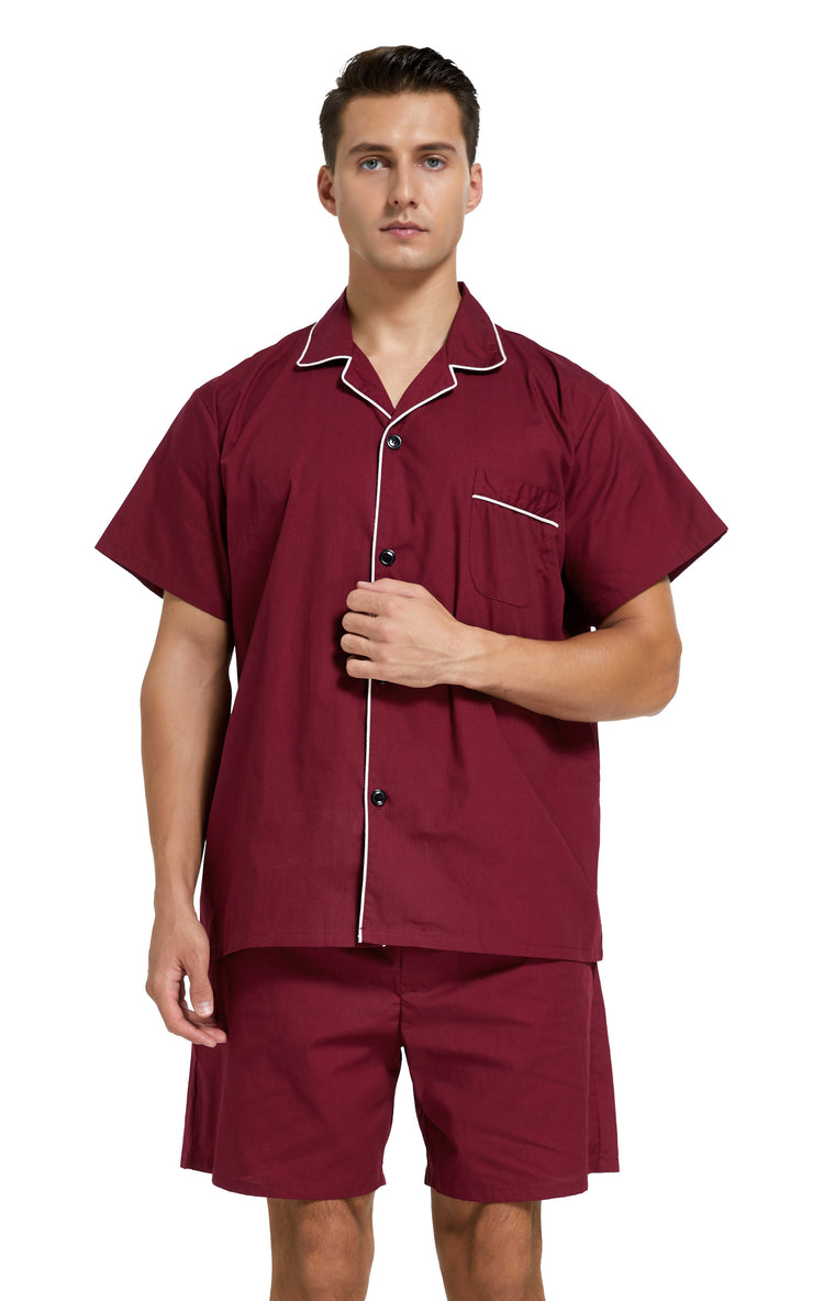 Men's Cotton Short Sleeve Woven Pajama Set-Burgundy with White Piping