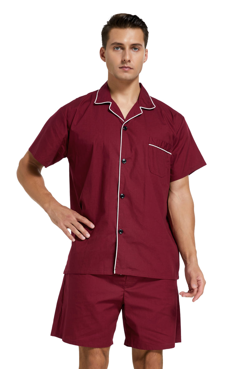 Men's Cotton Short Sleeve Woven Pajama Set-Burgundy with White Piping