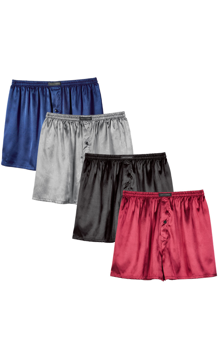 Men's Satin Boxer Briefs, Sleep Shorts Underwear (Pack of 4)-Burgundy+Black+Gray+Navy Blue