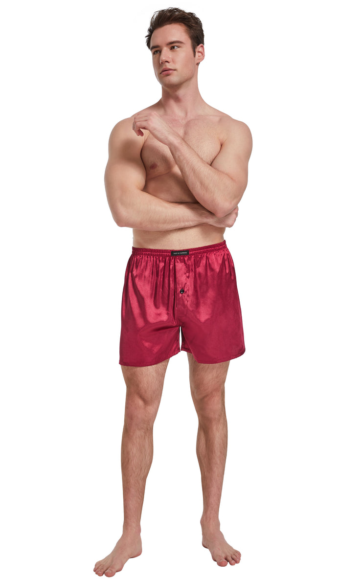 Men's Satin Boxer Briefs, Sleep Shorts Underwear (Pack of 4)-Burgundy+Black+Gray+Navy Blue