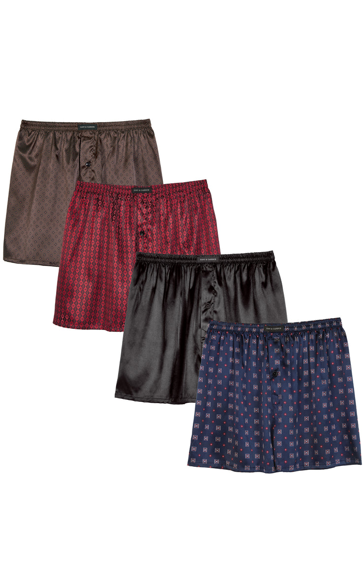 Men's Satin Boxer Briefs, Sleep Shorts Underwear (Pack of 4)-Blue/Burgundy+Black+Burgundy with Black Diamonds+Chestnut