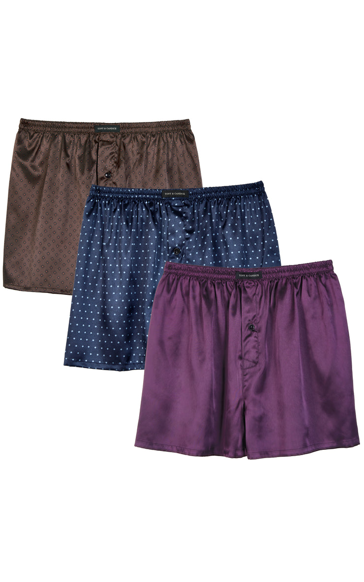 Men's Satin Boxer Briefs, Sleep Shorts Underwear (Pack of 3)-Purple+Chestnut+Navy Blue Polka Dots