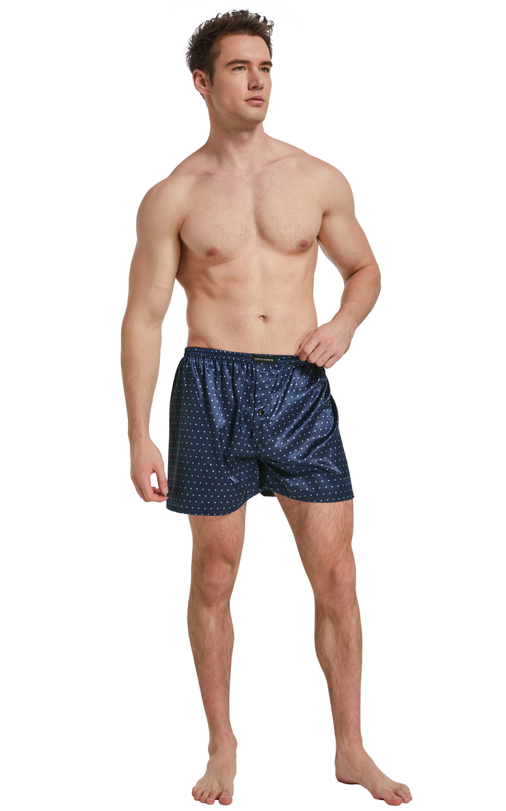 Men's Satin Boxer Briefs, Sleep Shorts Underwear (Pack of 3)-Purple+Chestnut+Navy Blue Polka Dots