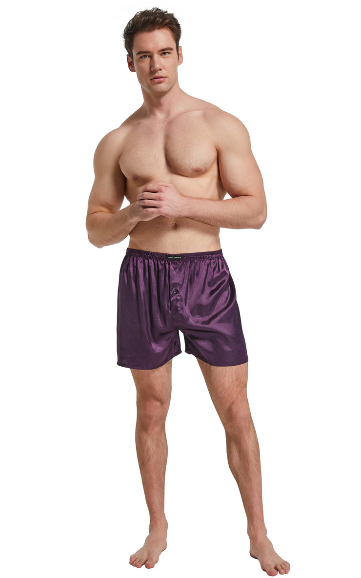 Men's Satin Boxer Briefs, Sleep Shorts Underwear (Pack of 3)-Purple+Chestnut+Navy Blue Polka Dots