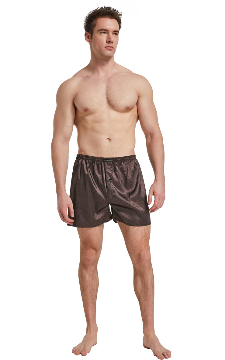 Men's Satin Boxer Briefs, Sleep Shorts Underwear (Pack of 3)-Purple+Chestnut+Navy Blue Polka Dots