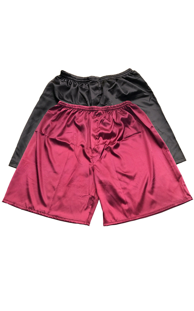 Men's Satin Boxers Shorts Underwear Pack of 2-Black+Burgundy