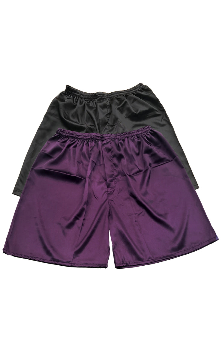 Men's Satin Boxers Shorts Underwear Pack of 2-Black+Purple