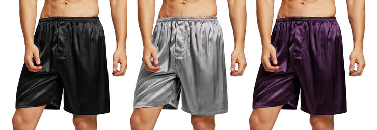 Men's Satin Boxers Shorts Underwear Pack of 3-Purple+Black+Gray