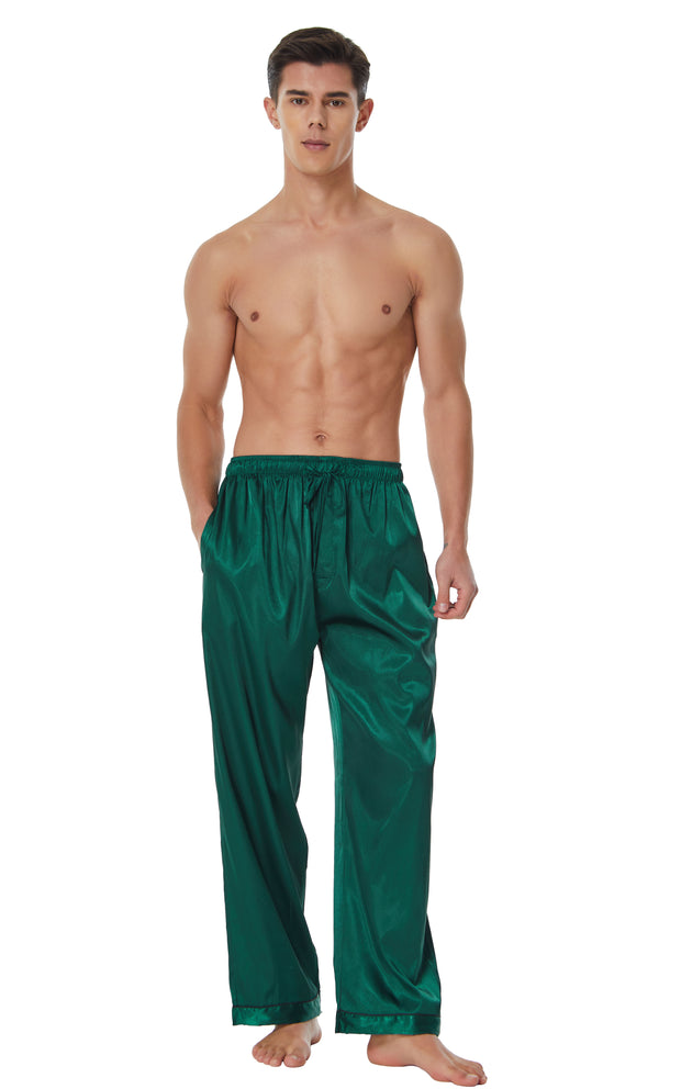 Men's Satin Pajama Pants, Long Pj Bottoms-Deep Green