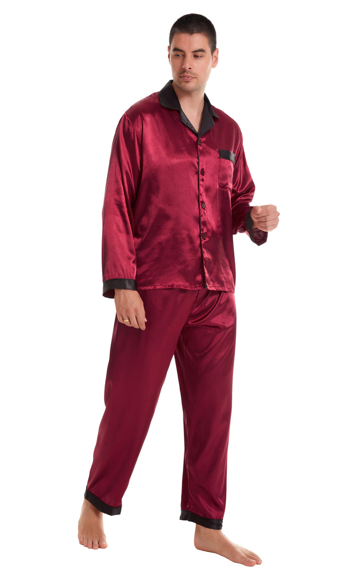 Men's Silk Satin Pajama Set Long Sleeve-Burgundy with Black Collar