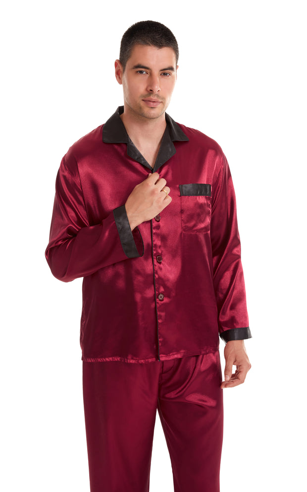Men's Silk Satin Pajama Set Long Sleeve-Burgundy with Black Collar