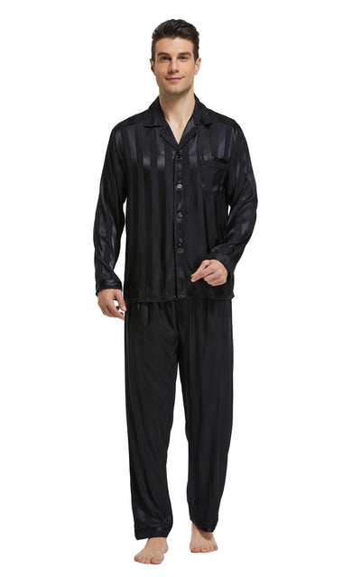 Men's Silk Satin Pajama Set Long Sleeve-Black Striped