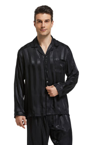 Men's Silk Satin Pajama Set Long Sleeve-Black Striped