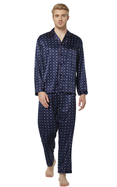 Men's Silk Satin Pajama Set Long Sleeve-Blue/Burgundy