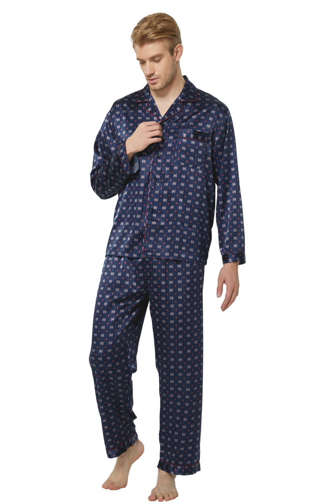 Men's Silk Satin Pajama Set Long Sleeve-Blue/Burgundy