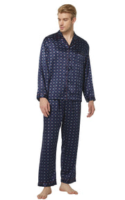 Men's Silk Satin Pajama Set Long Sleeve-Blue/Burgundy