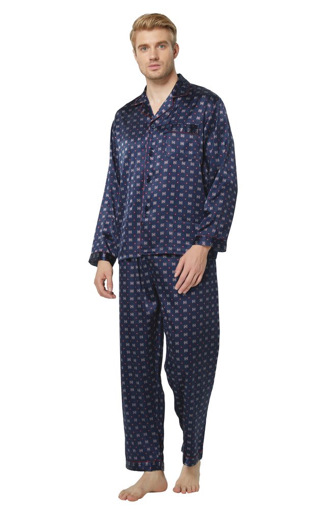 Men's Silk Satin Pajama Set Long Sleeve-Blue/Burgundy
