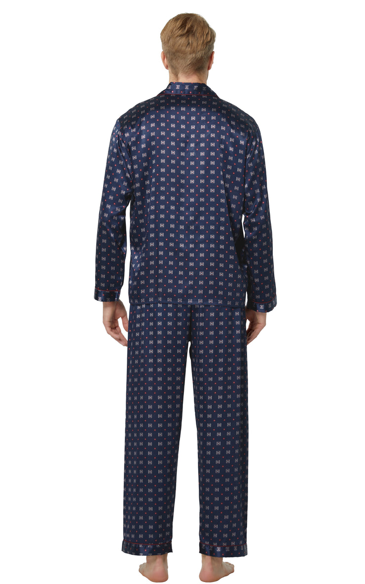 Men's Silk Satin Pajama Set Long Sleeve-Blue/Burgundy