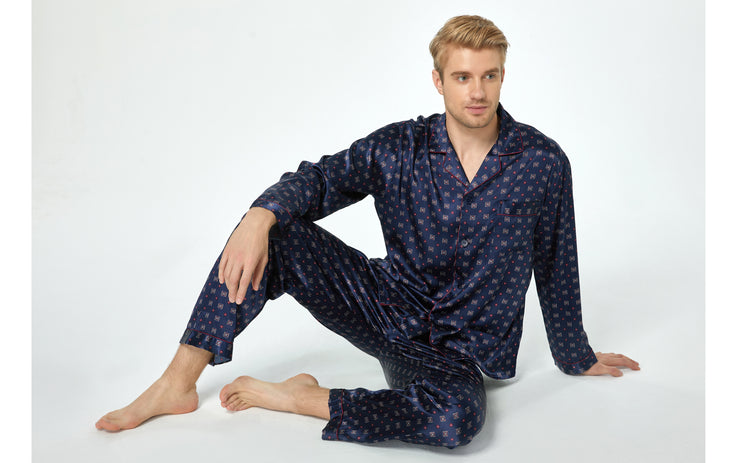 Men's Silk Satin Pajama Set Long Sleeve-Blue/Burgundy