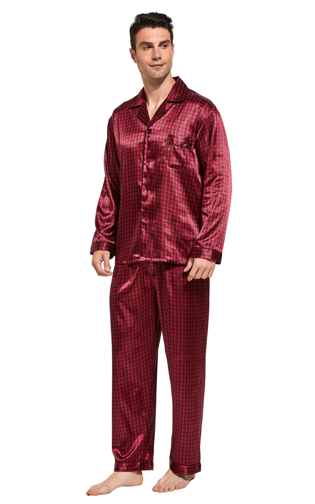 Men's Silk Satin Pajama Set Long Sleeve-Burgundy with Black Diamods
