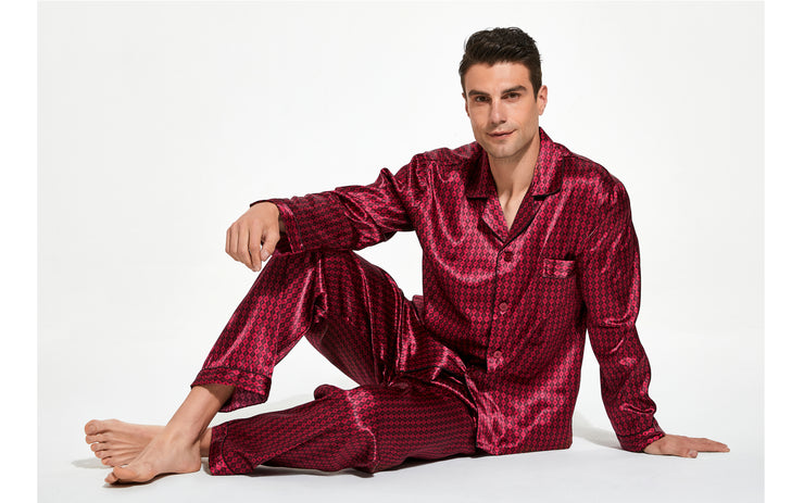 Men's Silk Satin Pajama Set Long Sleeve-Burgundy with Black Diamods
