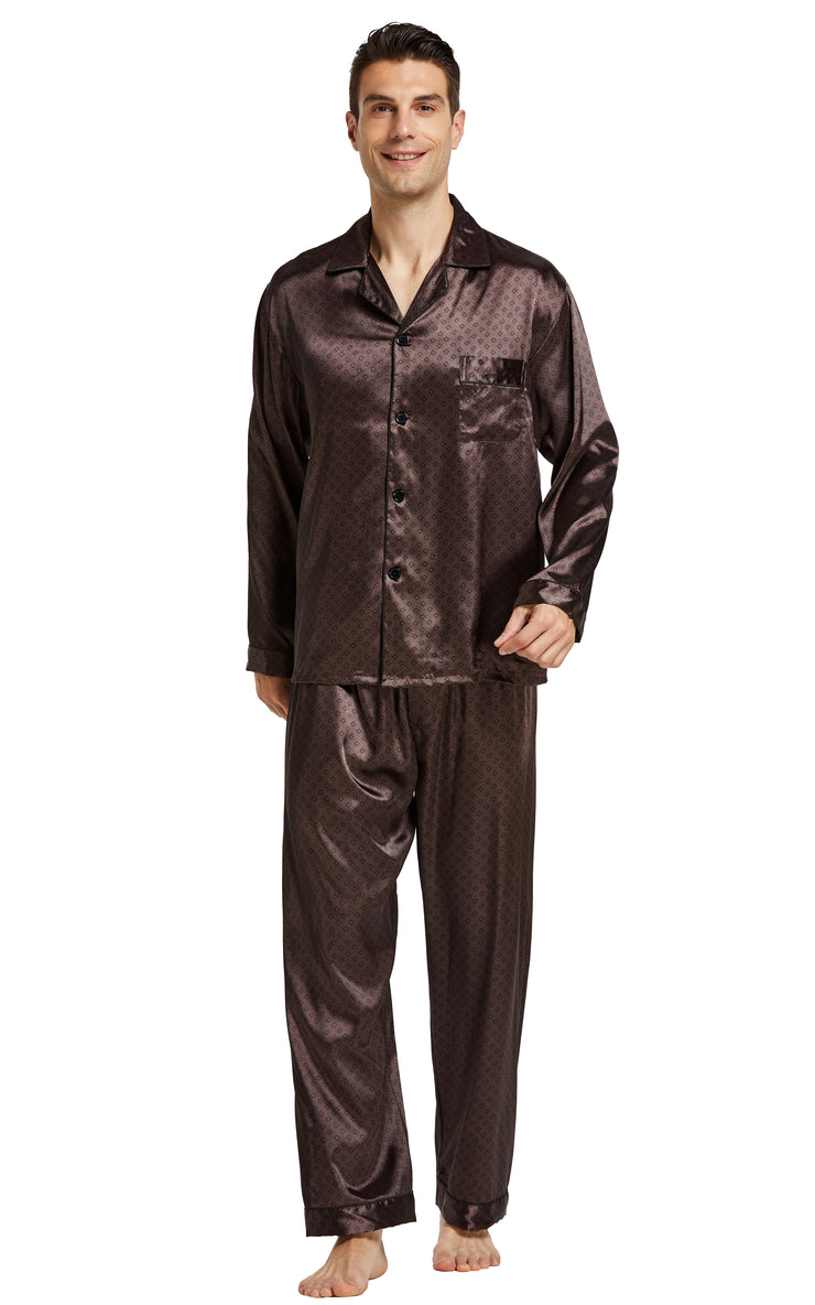 Men's Silk Satin Pajama Set Long Sleeve-Chestnut