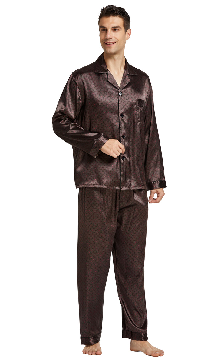 Men's Silk Satin Pajama Set Long Sleeve-Chestnut