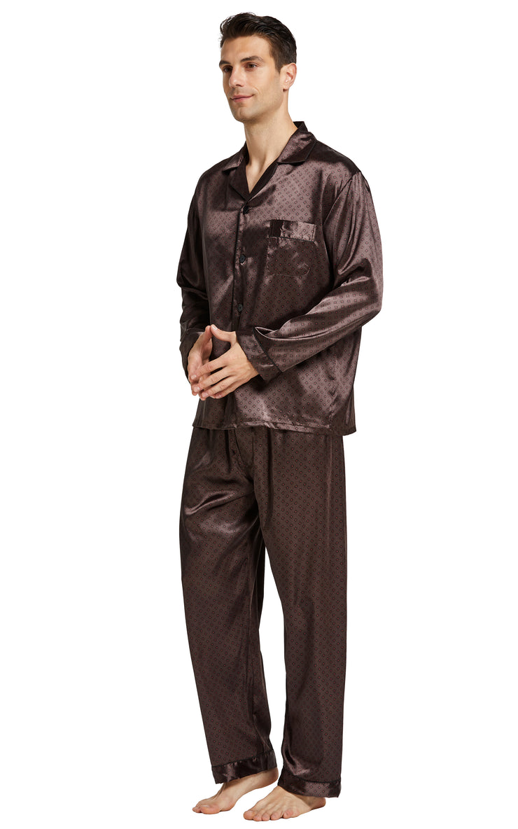 Men's Silk Satin Pajama Set Long Sleeve-Chestnut