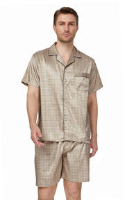 Men's Silk Satin Pajama Set Short Sleeve-Coffee