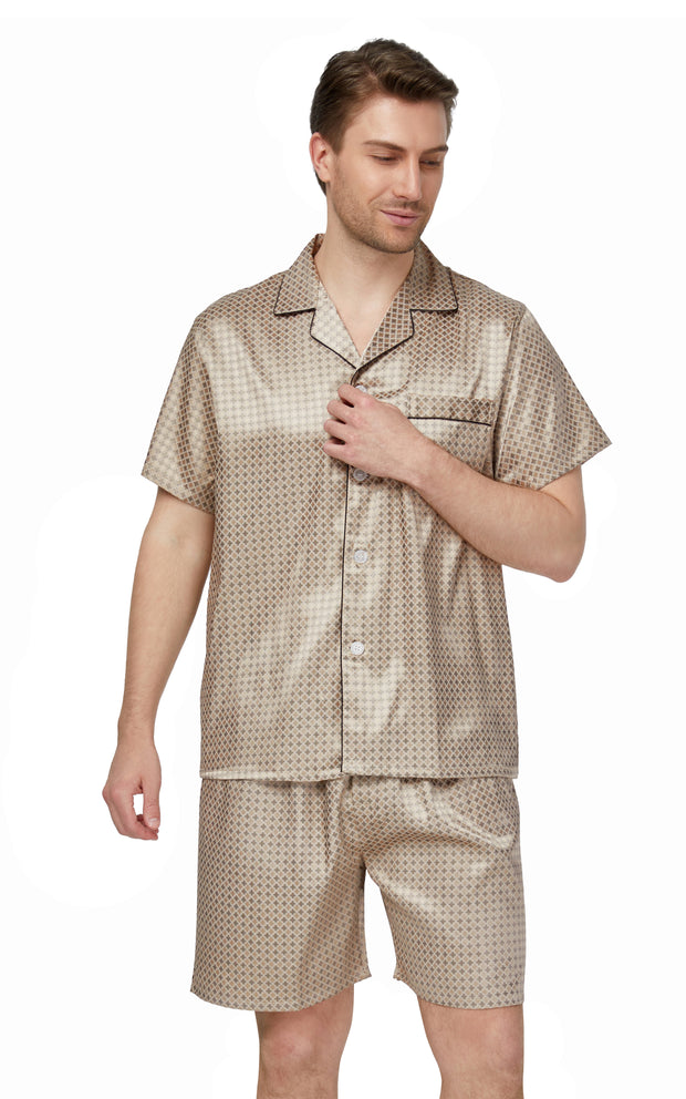 Men's Silk Satin Pajama Set Short Sleeve-Coffee
