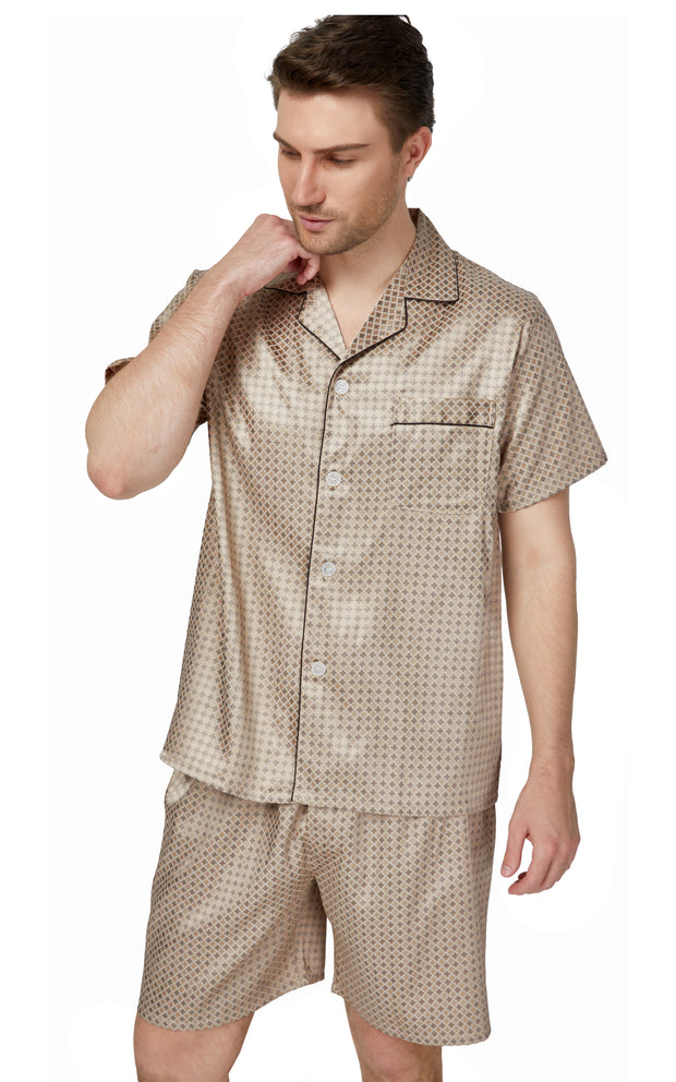 Men's Silk Satin Pajama Set Short Sleeve-Coffee