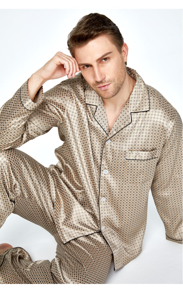 Men's Silk Satin Pajama Set Long Sleeve-Coffee