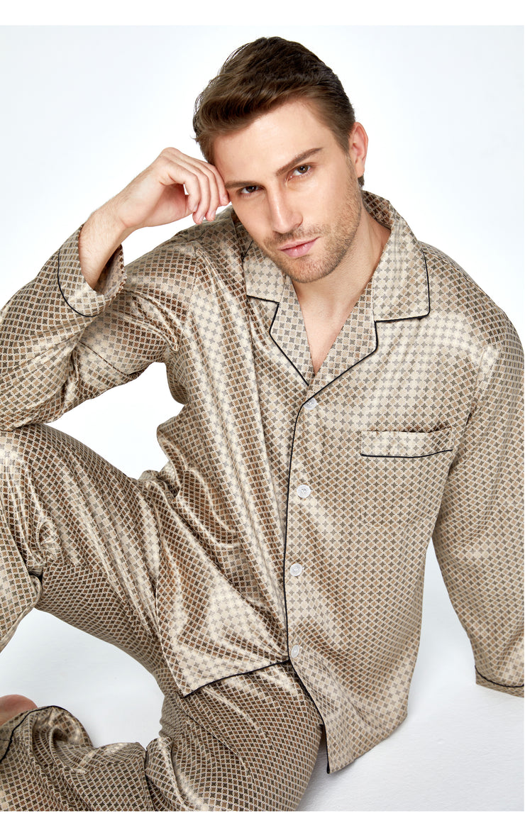 Men's Silk Satin Pajama Set Long Sleeve-Coffee