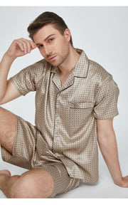 Men's Silk Satin Pajama Set Short Sleeve-Coffee