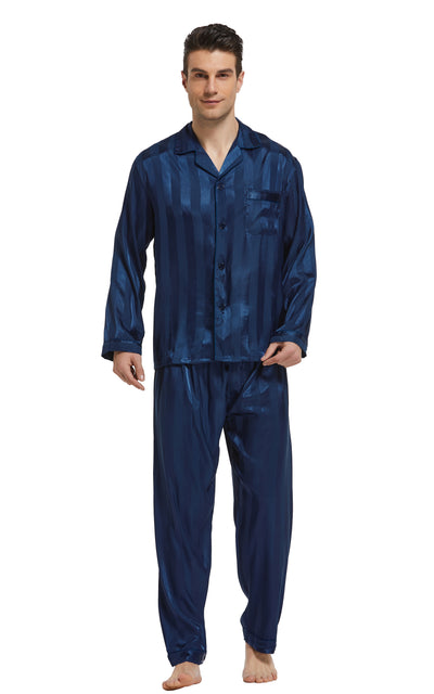 Men's Silk Satin Pajama Set Long Sleeve-Navy Blue Striped