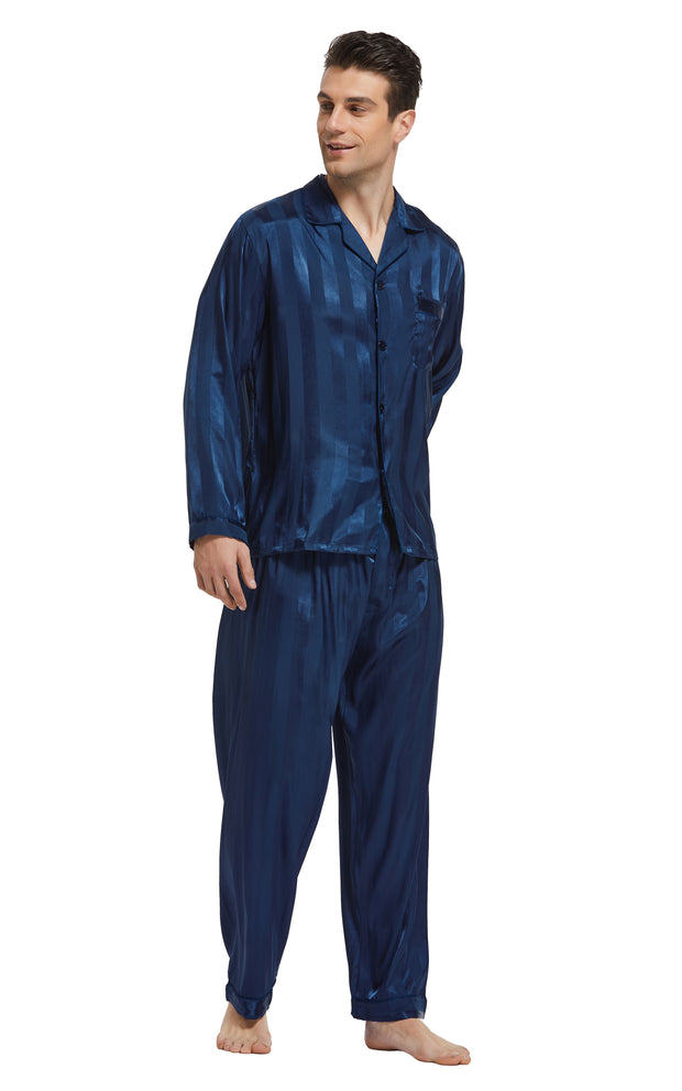 Men's Silk Satin Pajama Set Long Sleeve-Navy Blue Striped