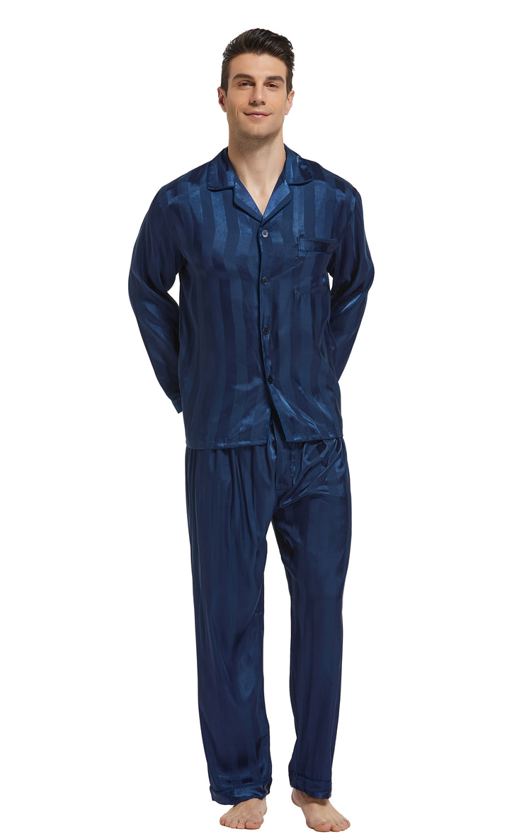 Men's Silk Satin Pajama Set Long Sleeve-Navy Blue Striped