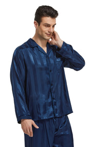 Men's Silk Satin Pajama Set Long Sleeve-Navy Blue Striped