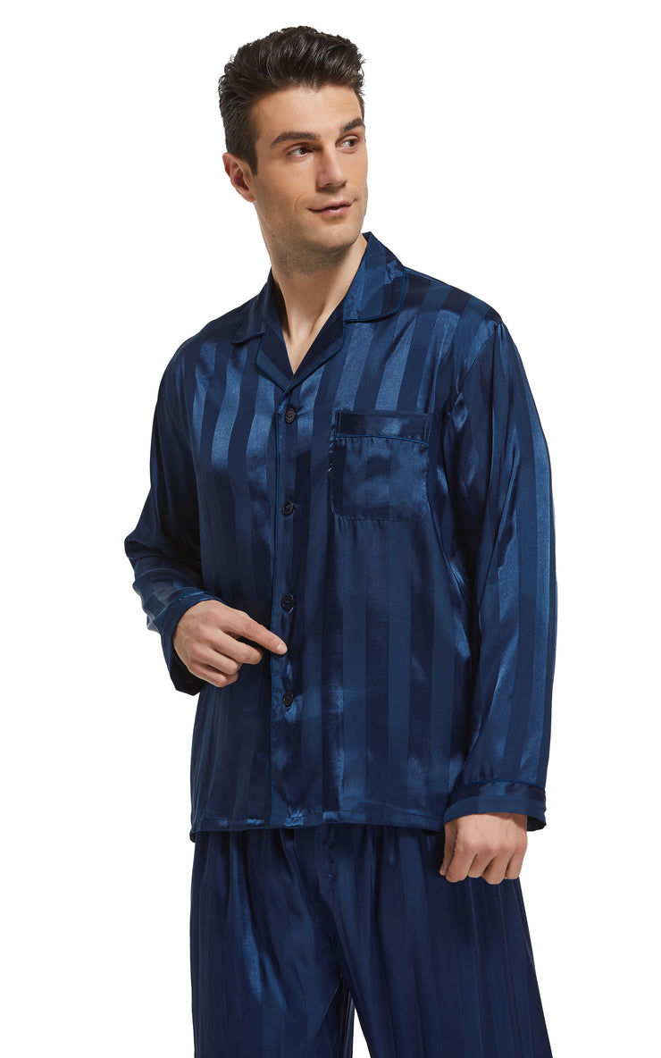 Men's Silk Satin Pajama Set Long Sleeve-Navy Blue Striped