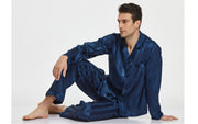Men's Silk Satin Pajama Set Long Sleeve-Navy Blue Striped