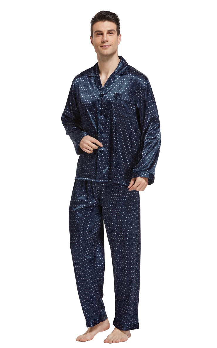 Men's Silk Satin Pajama Set Long Sleeve-Navy Blue with Polka Dots