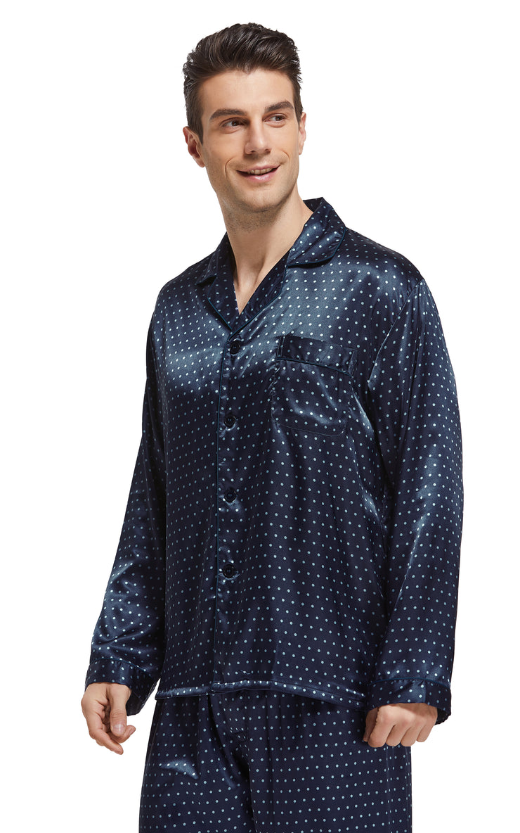 Men's Silk Satin Pajama Set Long Sleeve-Navy Blue with Polka Dots
